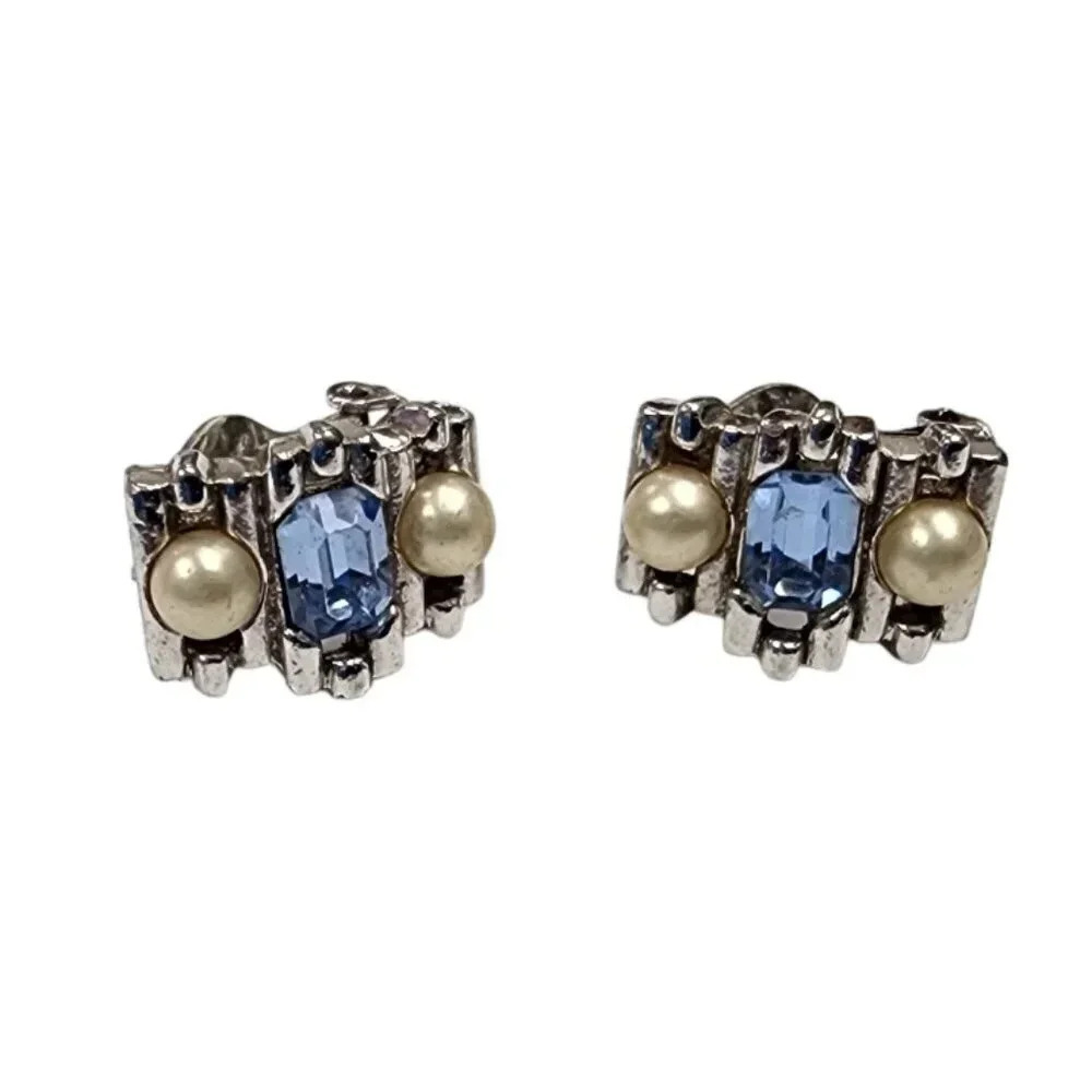 Vintage 60s-70s Blue Crystal Faux Pearl Elegant Clip-on Earrings Silver Tone